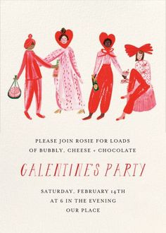 three women in red dresses holding hands with the words valentine's party