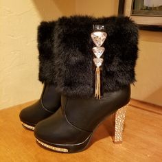 These Are Black Leather Faux Fur Ankle Boots Size 230 Or Size 6. I Can't Find Any Brand Name On These. The Interior Lining Has The Word Chino Written On It. They Are 7" Tall With A 4" Heel With A One Inch Platform In Front. They Appear Brand New. Super Cute Rhinestone And Chain Details. They Have The Words Vero Cuoio Stamped On The Bottom Which Means That They Are Made By An Italian Shoe Artisan. Winter Formal Closed Toe Platform Boots, Winter Closed Toe Platform Boots For Formal Occasions, Closed Toe Platform Boots For Winter Formal, Formal Winter Synthetic Boots, Winter Formal Synthetic Heeled Boots, Glamorous Leather Winter Boots, Glamorous Leather Boots For Winter, Synthetic Winter Party Boots, Winter Party Boots In Synthetic Material