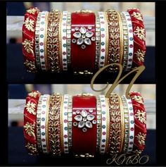 Spread Your Charm Everywhere With This Enchanting Red & White Chura Set. Center Piece Is Beautified With High Quality Glass Kundan In Floral Shape Fitting. Thin Glass Kundan Bangles Are Placed At Both Side Of Center Piece. Golden Metal Figures Kada At Both End Of This Ensemble Are Making It More Adorable. Be An Angel And Create A Splendid Impact On Everyone By Wearing This Gorgeous Design. This Is A Set Of 34 Bangles (17 For Each Hand). Marwari Wedding, Bangles Set Indian, Bangles Ideas, Acrylic Bangles, Bangles Bridal, Metal Figures, Beaded Bangles, Red Bangles, Wedding Jewelry Sets Bridal Jewellery