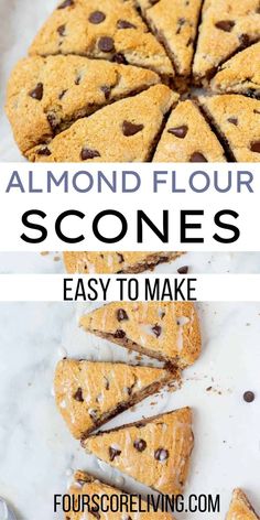 almond flour scones with chocolate chips on top and the words, almond flour scones easy to make