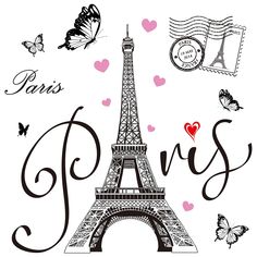 the eiffel tower in paris with butterflies and hearts on it's side