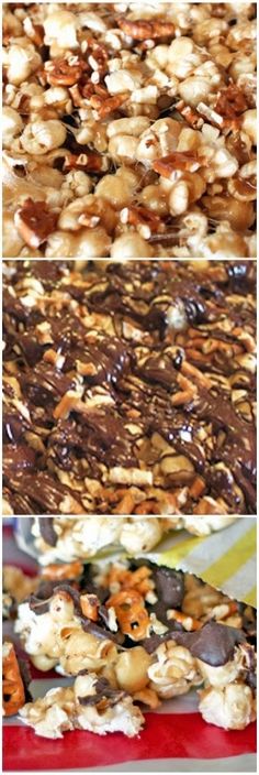 three different views of food with nuts and chocolate