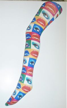 "BEST PRICE ON ETSY  FULL FOOT Patterned Printed Tights  Funky 60's 70's  Blue Red Multi lips eyes  pop art boho  One Size fit to 42\" HIP  - SIZE 8 - 14 UK approx. PLENTY OF STRETCH -  Item is digitally printed so the design will naturally distort the more it's stretched, shade of colours may vary slightly, custom made   TOP QUALITY PRINT AND THICKNESS, THESE ARE NOT CHEAP ALTERNATIVE TIGHTS 90% + NYLON" Funky Tights, Pop Art Patterns, Vintage Pop Art, Vintage Pop, Printed Tights, Funky Outfits, Funky Fashion, Womens Tights, Andy Warhol