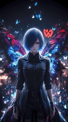 an anime character with blue hair and wings in front of a dark background, surrounded by butterflies