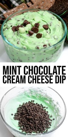 mint chocolate cream cheese dip in a glass bowl with oreo chips on the side