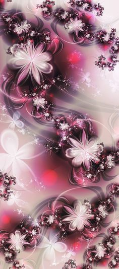 an abstract background with flowers and swirls in pink, purple and white colors on the bottom