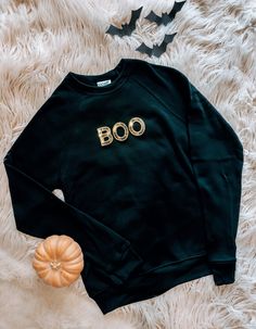 Boo Sequin Sweatshirt - localE. Black Sweater With Embroidered Text For Fall, Black Fall Sweater With Embroidered Text, Fall Letter Embroidery T-shirt For Streetwear, Black Embroidered Text Sweater For Fall, Fall Sweatshirt With Letter Print, Fall Crew Hoodie With Text Print, Fall Sweatshirt For Loungewear With Embroidered Text, Fall Loungewear Sweatshirt With Embroidered Text, Black Sweatshirt With Embroidered Text Relaxed Fit