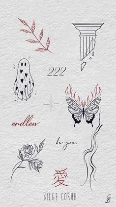 some drawings on paper with different designs and symbols in them, including roses, butterflies, candles