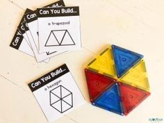 three different colored plastic shapes on top of each other next to cards that say can you build?