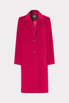 Stay warm in this hot pink wool blend coat. The playful hue is balanced by the classic cut, featuring a single breasted button and sleek lapel. Style it over a simple outfit for major contrast, or wear it over an equally eye-catching dress to keep your evening wear interesting, even as the weather cools. Classic Pink Wool Outerwear, Pink Wool Coat For Workwear, Pink Wool Blazer For Work, Pink Wool Blazer For Workwear, Pink Fitted Wool Outerwear, Pink Winter Blazer With Double Button Closure, Fitted Pink Wool Outerwear, Classic Pink Outerwear With Double Button Closure, Pink Blazer With Double Button Closure For Winter