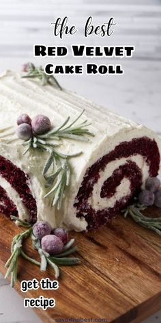 Our red velvet cake roll is an absolutely stunning dessert. The cake itself has a velvety and tender crumb. It is filled, rolled and frosted with a frosting that is as light and fluffy as whipped cream. This decadent cake roll is beautiful for any occasion, from tea parties to holidays or even casual dinners.