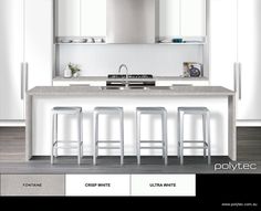 a white kitchen with four stools in front of the counter and cabinets behind it