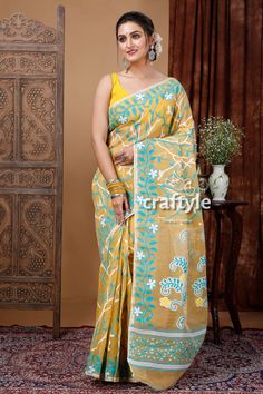 Indulge in the elegance of a traditional Dhakai Jamdani Saree, handcrafted with metallic gold accents and luxurious soft texture. This exquisite Jamdani Sari is a true representation of the rich heritage of Bengal and showcases an array of intricate motifs, including geometric, figural, and floral patterns, woven with the finest Resham fabric. The lightweight and comfortable design of this saree makes it perfect for any occasion, adding a touch of opulence to your Indian ethnic wear collection. Elevate your style with this timeless piece and embrace the allure of a classic handmade masterpiece.Type : Hard Jamdani Saree Saree Length : 5.5 meters Blouse Piece : No Design : Woven Work Fabric : Resham Washing : Dry Clean Get this exclusive jamdani weaved saree online at Craftyle - The best onl Dhakai Jamdani Saree, Jamdani Saree, Rainbow Colours, Indian Textiles, Tussar Silk Saree, Comfortable Design, Traditional Sarees, Indian Ethnic Wear, Pure Silk Sarees