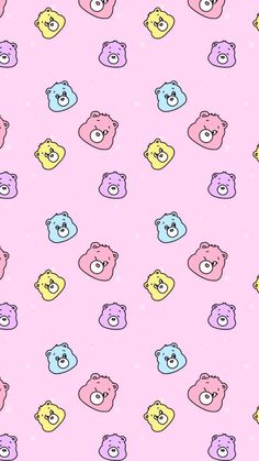 many different colored teddy bears are on a white background with blue, yellow and pink colors