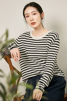 #stripes #knitwear #sweater #pullover Casual Oversized Top With Horizontal Stripes, Casual Spring Sweater With Striped Hem, Casual Fall Tops With Striped Hem, Everyday Long Sleeve Tops With Contrast Stripes, Striped Oversized Top For Layering, Oversized Striped Cotton Sweater, Casual Winter Sweater With Vertical Stripes, Long Sleeve Tops With Horizontal Stripes For Everyday, Fall Horizontal Stripe Relaxed Fit Tops