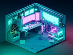 an image of a computer room in the shape of a house with neon lights on it