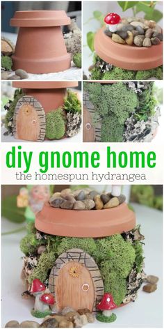 there are pictures of different things made out of clay potted plants and rocks with the words diy gnome home on it