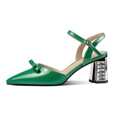 Material: Leather Color: Green, White Season: Summer Heel Height: 2.3 inches (65 mm) Platform: No Platform Toe Style: Closed Toe Heel Style: Block Heel Style: Sandals Closure Type: Ankle Strap Closed Toe Design: Provides comfort and protection. Block Heel: Offers stability and height without discomfort. Ankle Strap: Ensures a secure fit and added support. Bow Detail: Adds a touch of elegance and charm. Versatile Style: Perfect for both casual and dressy occasions. Leather Closed-toe Block Heel A Green Pointed Toe Sandals With 4-inch Heel, Green Block Heel Slingback Pumps For Summer, Green Open Toe Slingback Pumps With 4-inch Heel, Green Formal Sandals With Buckle Closure, Formal Green Sandals With Buckle Closure, Green Low Heel Sandals With Sculpted Heel, Green Sandals With Sculpted Low Heel, Green Slingback Pumps With Ankle Strap, Green Slingback Pumps With Sculpted Heel For Summer