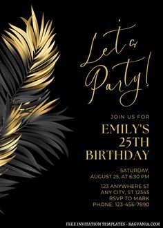 a black and gold party card with a palm leaf on the front, let it party