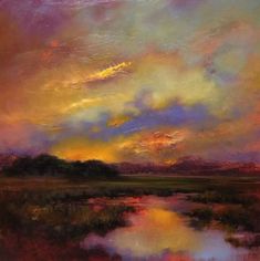 an oil painting of a sunset over a lake with clouds in the sky above it