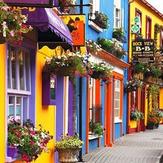 brightly colored buildings with flower boxes on the windows