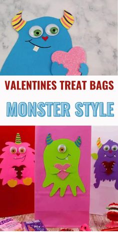 valentine's treat bags with monsters on them and text overlay that reads valentines treat bags monster style