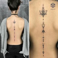 the back of a woman's body with tattoos on it and an image of a flower