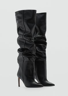 High leather boot with gathered detail - Women | MANGO USA Boots Fall 2024, Thigh High Leather Boots, Women Gathering, Leather Boots Heels, Slouchy Boots, Fall Boots, High Leather Boots, Sneaker Dress Shoes, Cute Boots