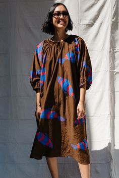 BALLAD FISH DRESS - CHOCOLATE — Nikki Chasin Fish Dress, Florida Woman, Creative Women, Fish Motif, Colors And Emotions, Calf Length Dress, Knit Alpaca, Kimonos, Cotton Silk