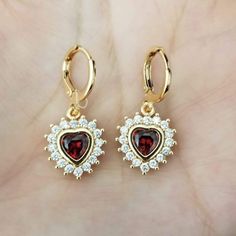 New 18k Gold Plated Heart Shaped Ruby Diamond Dangle Drop Hoop Earrings For Women All Gemstones Are Simulated. A Jewelry Box Included. Ready To Ship Same Day. Measurements Shown In The Pictures. Feel Free To Ask Any Question. All Photos Are Real Time From Actual Object No Stock Photo Used. Color Might Be Slightly Different Due To Lighting. Valentine's Day Heart-shaped Fine Hoop Earrings, Valentine's Day Heart Shaped Fine Hoop Earrings, Gold Plated Single Heart Earring For Anniversary, Single Gold Plated Heart Earring For Anniversary, Gold Heart-shaped Hoop Earrings Fine Jewelry, Gold Cubic Zirconia Earrings With Heart Charm, Elegant Hoop Earrings With Heart Pendant For Gift, Elegant Gold Hoop Earrings With Heart Pendant, Valentine's Day Tarnish Resistant Dangle Hoop Earrings