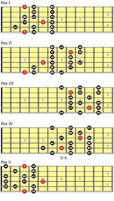 the guitar frets are labeled in red and black