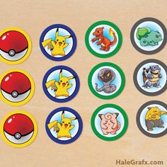 the pokemon buttons are arranged in rows on a wooden surface with different colors and shapes