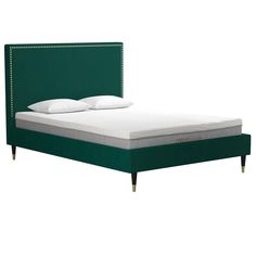 a bed with green headboard and white pillows on it's sides, against a white background