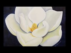 a painting of a white flower with yellow stamens on it's petals