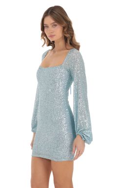 Shantelle Sequin Long Sleeve Dress in Blue | LUCY IN THE SKY Sequin Long Sleeve Dress, Long Sleeve Sequin Dress, Winter Formal, Loungewear Jumpsuit, Casual Wedding, Sequin Fabric, Hand Washing, Graduation Dress, Sleeve Dress