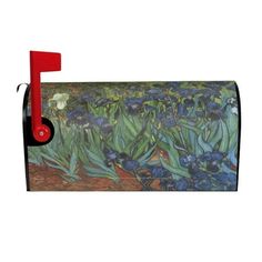 a mailbox with a painting of blue flowers on the front and red painted handle