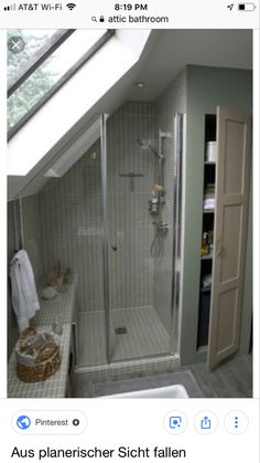 an image of a bathroom setting with skylight and shower stall in the corner, on instagram