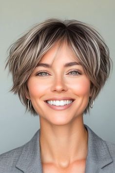 Save this pin for the best short layered haircuts with bangs. Choppy layers with mushroom-shaded highlights create a piecey texture throughout this tousled pixie. Wispy bangs softly part on the forehead for a stylish look. Soft Bangs Short Hair, Bangs Choppy Layers, Bangs Choppy, Tousled Pixie, Mushroom Haircut, Soft Bangs, Short Choppy Haircuts