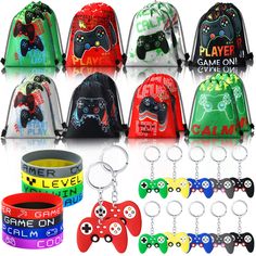 PRICES MAY VARY. a Complete Party Favor Set: you will receive 16 pieces of gift bags in 8 styles, 16 pieces of keychains in different colors and 16 pieces of wristbands in multiple designs, 48 pieces in total, a complete combination and sufficient quantity can easily meet your using needs Game Themed Design: our gamer party favors are designed with game themed patterns, including game controller modeling, game theme words and so on, mainly in red, gray, green and black, making the favors more co Game Truck Birthday Party, Video Game Party Favors, Mermaid Keychain, Bags Video, Fun Video Games, Gamer Party, Video Games Gift, Video Game Party, Bags Game