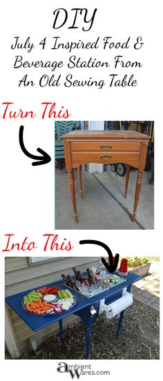 an old table has been transformed into a dining room table with drawers, and then it's turned into a buffet table