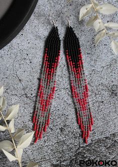 Black red seed bead earrings Evening shining earrings Fringe | Etsy Red Bead Earrings, Gray Earrings, Beaded Earrings Diy, Brick Stitch Earrings, Beaded Earrings Patterns, Red Bead, Fringe Earrings, Earring Patterns, Seed Bead Earrings