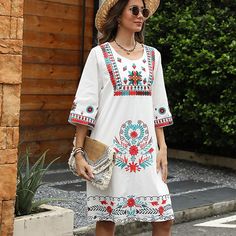 Season:Summer,Spring; Fabric:Cotton; Sleeve Length:3/4 Length Sleeve; Look After Me:Hand wash,Wash with similar colours,Wash inside out; Gender:Women's; Style:Casual; Elasticity:Inelastic; Occasion:Vacation; Fit Type:Loose Fit; Dresses Type:White Boho Dress,Casual Dress; Pattern:Tropical,Floral; Design:Embroidered; Neckline:Crew Neck; Front page:FF; Listing Date:06/20/2024; Production mode:Self-produce; Bust:; Length:; Shoulder Width:; Dress Length Type:Mini Dress; Print Type:non-printing; Fabric2:washing cotton Dress Vacation, White Boho Dress, Casual White Dress, Boho Dresses, Spring Fabric, White Dresses For Women, Embroidered Neckline, Dress Mini, Vacation Dresses