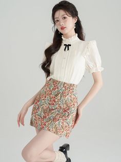 ❤Little Ribbon Summer Girly Top + Flower Skirt❤︎ Girly Tops, Sweet Top, Flower Skirt, Flower Tops, Stand Collar, Short Sleeve Shirt, Womens Shirts, Spring Summer, Ribbon