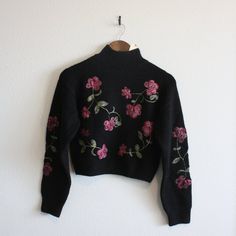 Nwt Black Sweater With Pink/Red/Green Floral Embroidery On The Front And On Sleeves Polyester/Acrylic/Nylon/Spandex Combo Makes Material Slightly Stretchy And Soft' Mockneck With Balloon Sleeves Size Xs Winter Black Embroidered Tops, Black Embroidered Sweater For Spring, Fitted Floral Embroidery Tops For Winter, Black Long Sleeve Sweater With Floral Embroidery, Fitted Embroidered Sweater For Fall, Fitted Long Sleeve Sweater With Floral Embroidery, Winter Embroidered Pink Tops, Fitted Winter Sweater With Floral Embroidery, Fitted Long Sleeve Embroidered Sweater