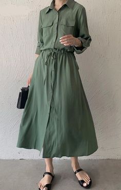 Vestido Lovito feminino casual liso com cadarço e botão frontal com bolso Toddler Fancy Dress, Green Shirt Dress, Shirtwaist Dress, Vestidos Vintage, Vintage Maxi Dress, Elegant Dresses Long, Long Shirt Dress