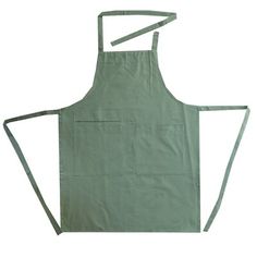 the apron is green and has two straps on one side, and an open pocket at the back