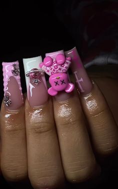 Hello Kitty Acrilyc Nails, Valentines Day Nail Set, Cute Pink Nails, Diy Acrylic Nails, French Tip Acrylic Nails, Cute Acrylic Nail Designs