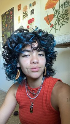 Dyed Curly Mullet, Blue Short Curly Hair, Short Color Hair, Short Dyed Curly Hair, Short Curly Colored Hair, Dyed Tips Curly Hair, Short Curly Hair Dye Ideas, Short Curly Dyed Hair, Blue Hair Dye Ideas