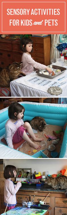 there are two pictures of children playing in an inflatable pool and on the floor