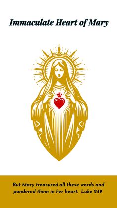 the immaculate heart of mary is shown in gold and white, with an image of jesus holding